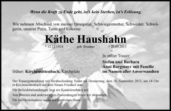 Traueranzeige von Käthe Haushahn von Hersbrucker Zeitung