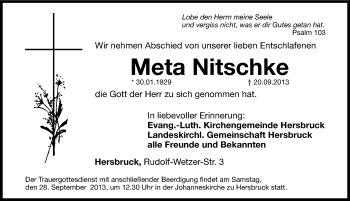 Traueranzeige von Meta Nitschke von Hersbrucker Zeitung