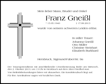 Traueranzeige von Franz Gneißl von Hersbrucker Zeitung