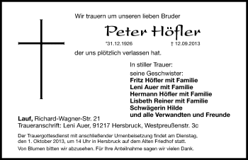 Traueranzeige von Peter Höfler von Hersbrucker Zeitung