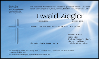 Traueranzeige von Ewald Ziegler von Hersbrucker Zeitung