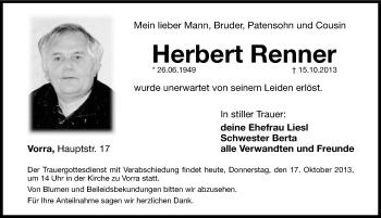 Traueranzeige von Herbert Renner von Hersbrucker Zeitung