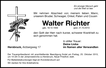 Traueranzeige von Walter Richter von Hersbrucker Zeitung