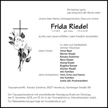 Traueranzeige von Frida Riedel von Hersbrucker Zeitung