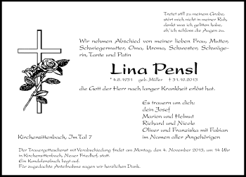 Traueranzeige von Lina Pensl von Hersbrucker Zeitung