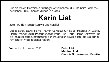 Traueranzeige von Karin List von Hersbrucker Zeitung