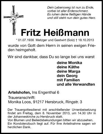 Traueranzeige von Fritz Heißmann von Hersbrucker Zeitung
