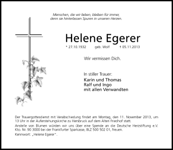 Traueranzeige von Helene Egerer von Hersbrucker Zeitung