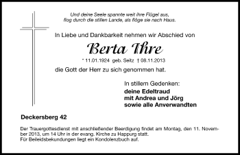 Traueranzeige von Berta Ihre von Hersbrucker Zeitung