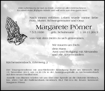 Traueranzeige von Margarete Pörner von Hersbrucker Zeitung
