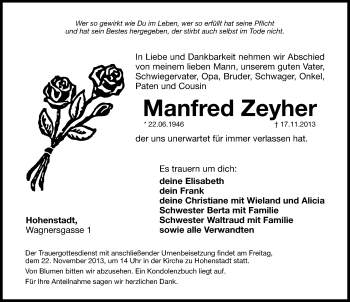 Traueranzeige von Manfred Zeyher von Hersbrucker Zeitung