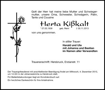 Traueranzeige von Herta Kißkalt von Hersbrucker Zeitung
