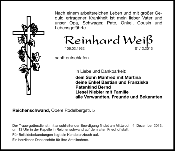 Traueranzeige von Reinhard Weiß von Hersbrucker Zeitung