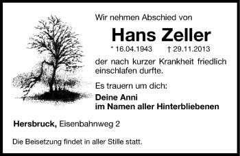 Traueranzeige von Hans Zeller von Hersbrucker Zeitung