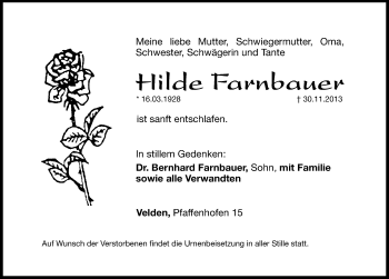 Traueranzeige von Hilde Farnbauer von Hersbrucker Zeitung