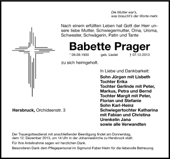 Traueranzeige von Babette Prager von Hersbrucker Zeitung