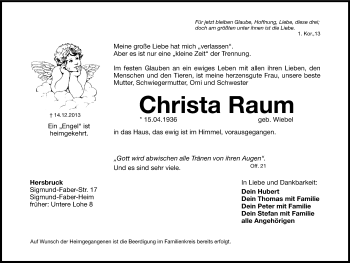 Traueranzeige von Christa Raum von Hersbrucker Zeitung