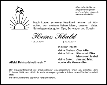 Traueranzeige von Heinz Sebald von Hersbrucker Zeitung