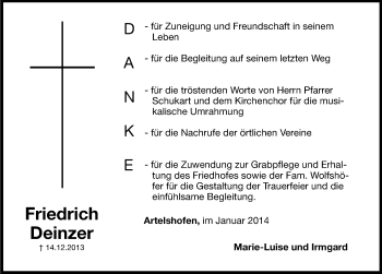 Traueranzeige von Friedrich Deinzer von Hersbrucker Zeitung