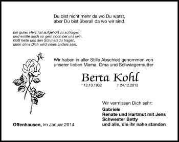 Traueranzeige von Berta Kohl von Hersbrucker Zeitung