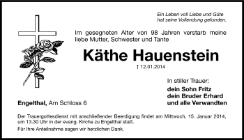 Traueranzeige von Käthe Hauenstein von Hersbrucker Zeitung