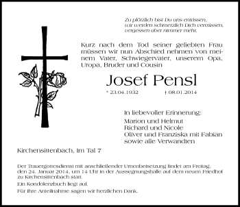 Traueranzeige von Josef Pensl von Hersbrucker Zeitung