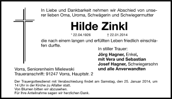 Traueranzeige von Hilde Zinkl von Hersbrucker Zeitung