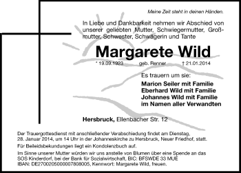 Traueranzeige von Margarete Wild von Hersbrucker Zeitung