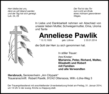 Traueranzeige von Anneliese Pawlik von Hersbrucker Zeitung