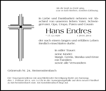 Traueranzeige von Hans Endres von Hersbrucker Zeitung
