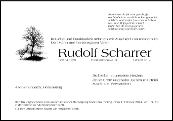 Traueranzeige von Rudolf Scharrer von Hersbrucker Zeitung