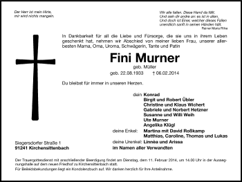 Traueranzeige von Fini Murner von Hersbrucker Zeitung