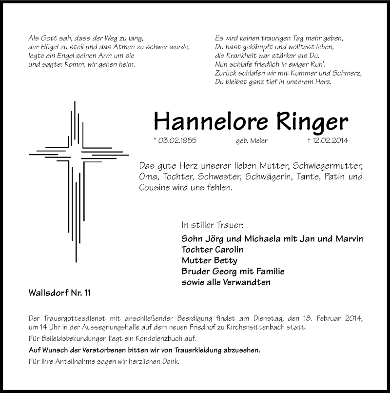  Traueranzeige für Hannelore Ringer vom 15.02.2014 aus Hersbrucker Zeitung