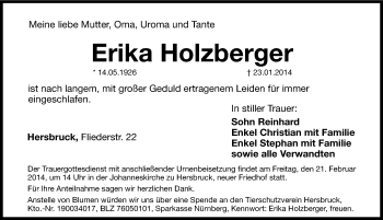 Traueranzeige von Erika Holzberger von Hersbrucker Zeitung