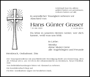 Traueranzeige von Hans Günter Graser von Hersbrucker Zeitung