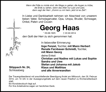Traueranzeige von Georg Haas von Hersbrucker Zeitung