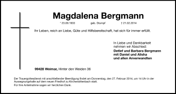 Traueranzeige von Magdalena Bergmann von Hersbrucker Zeitung