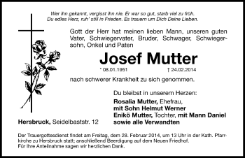Traueranzeige von Josef Mutter von Hersbrucker Zeitung