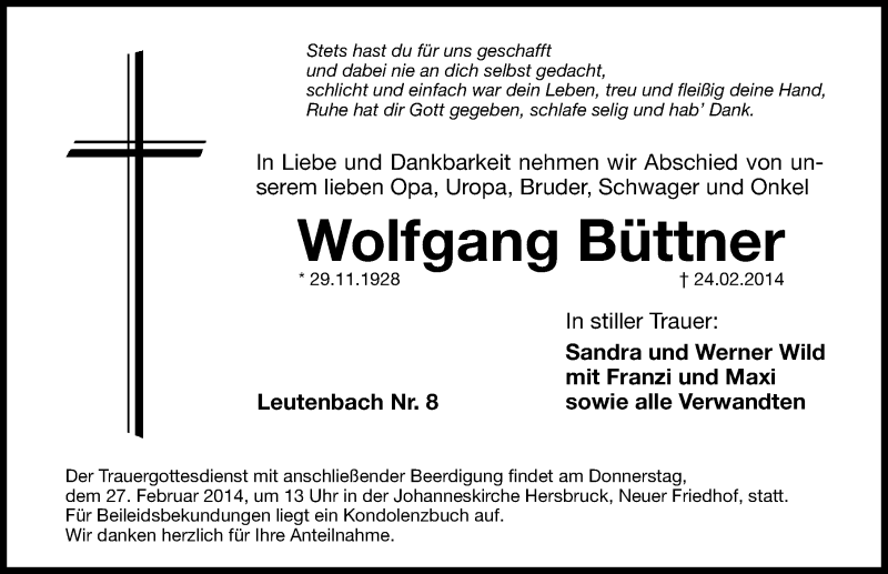  Traueranzeige für Wolfgang Büttner vom 26.02.2014 aus Hersbrucker Zeitung