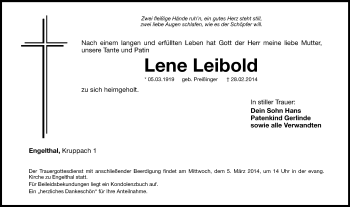 Traueranzeige von Lene Leibold von Hersbrucker Zeitung