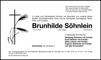 Traueranzeige von Brunhilde Söhnlein von Hersbrucker Zeitung