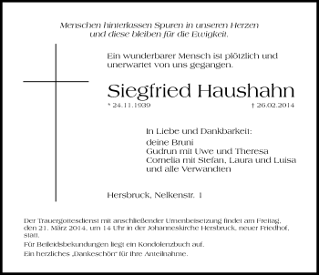 Traueranzeige von Siegfried Haushahn von Hersbrucker Zeitung