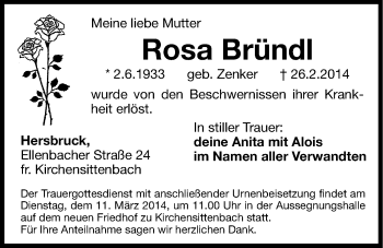 Traueranzeige von Rosa Bründl von Hersbrucker Zeitung