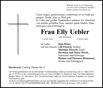Traueranzeige von Elly Uebler von Hersbrucker Zeitung