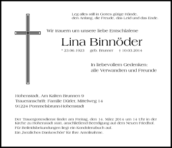 Traueranzeige von Lina Binnöder von Hersbrucker Zeitung