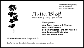 Traueranzeige von Jutta Bloß von Hersbrucker Zeitung
