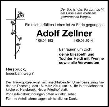 Traueranzeige von Adolf Zellner von Hersbrucker Zeitung