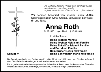 Traueranzeige von Anna Roth von Hersbrucker Zeitung