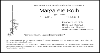 Traueranzeige von Margarete Roth von Hersbrucker Zeitung