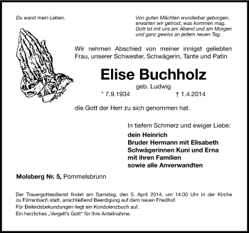 Traueranzeige von Elise Buchholz von Hersbrucker Zeitung